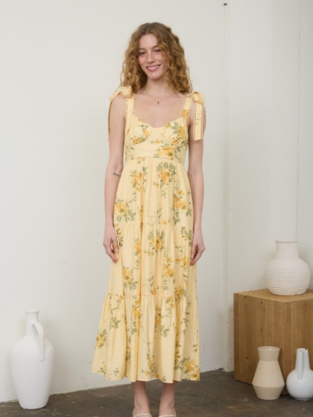 Floral Tie Strap With Scallop Lace Trim Midi Dress